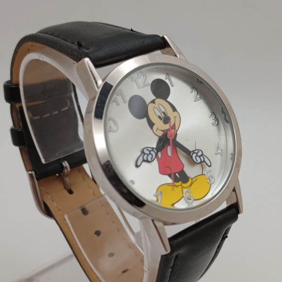 Disney Mickey Mouse Watch Silver Dial Black Leather Strap 33mm New Battery - Picture 3 of 12
